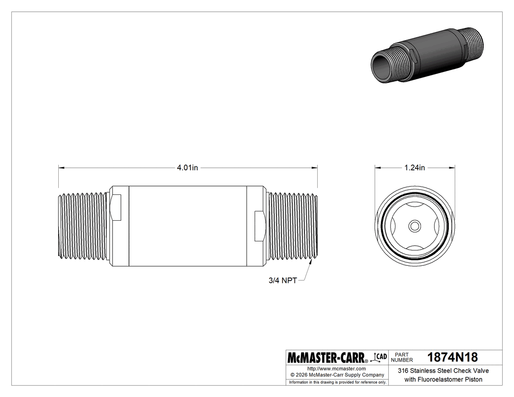 Technical Drawing of 316 Stainless Steel Check Valve with Fluoroelastomer Piston, with Rubber Spring-Loaded Piston, 3/4 NPT Male.